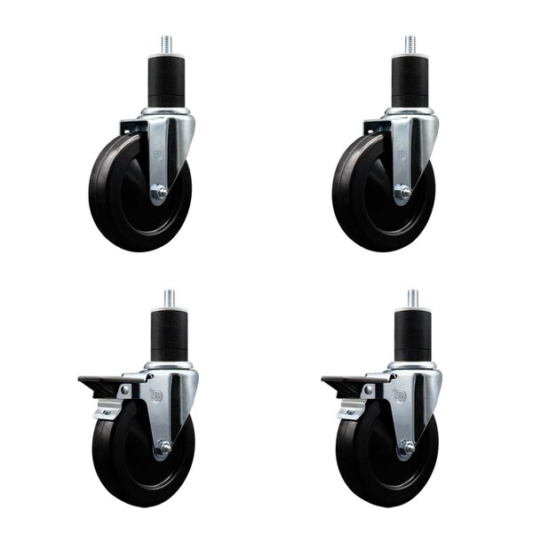 5'' Soft Rubber Wheel Swivel 1-3/4'' Expanding Stem Caster Set 2 Brakes, 4PK